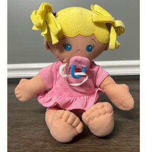 Kids II Blonde Baby Doll Plush Pink Dress Butterfly Pacifier 11"
